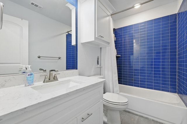 full bath featuring vanity, shower / bath combination with curtain, toilet, and visible vents