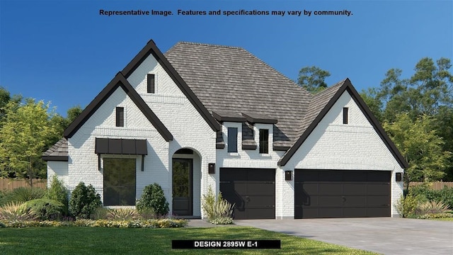 exterior space featuring a front lawn, concrete driveway, a shingled roof, a garage, and brick siding