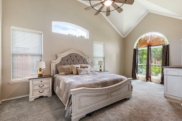 1513 Hidden Cove Ct, Allen, TX 75002 - bedroom featuring carpet floors, multiple windows, ceiling fan, high vaulted ceiling, and crown molding