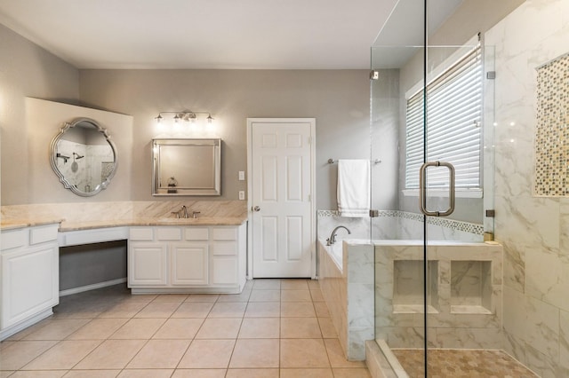 1513 Hidden Cove Ct, Allen, TX 75002 - bathroom featuring vanity, a stall shower, a garden tub, and tile patterned floors