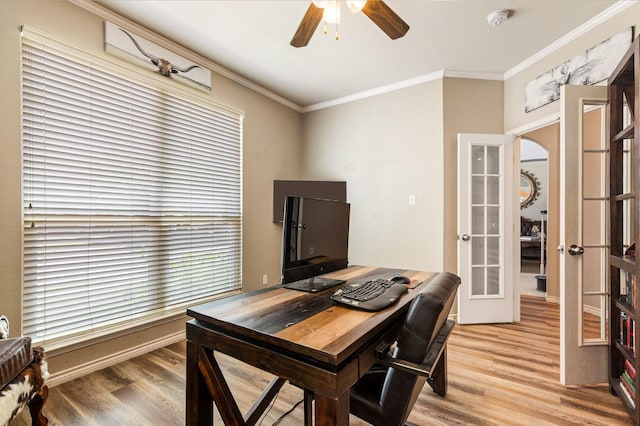 1513 Hidden Cove Ct, Allen, TX 75002 - office featuring french doors, light wood finished floors, crown molding, and ceiling fan