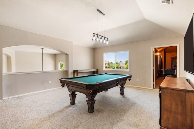 1513 Hidden Cove Ct, Allen, TX 75002 - game room with healthy amount of natural light, lofted ceiling, light carpet, and billiards table