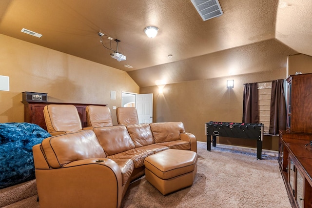 1513 Hidden Cove Ct, Allen, TX 75002 - carpeted home theater room with vaulted ceiling and a textured ceiling