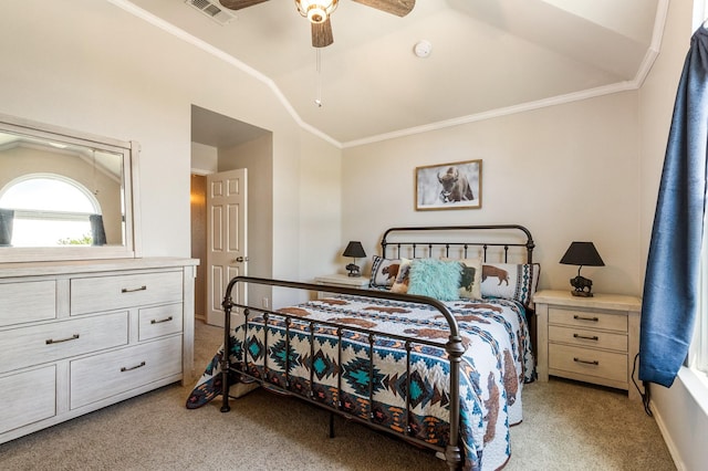 1513 Hidden Cove Ct, Allen, TX 75002 - bedroom featuring light carpet, lofted ceiling, ornamental molding, baseboards, and a ceiling fan