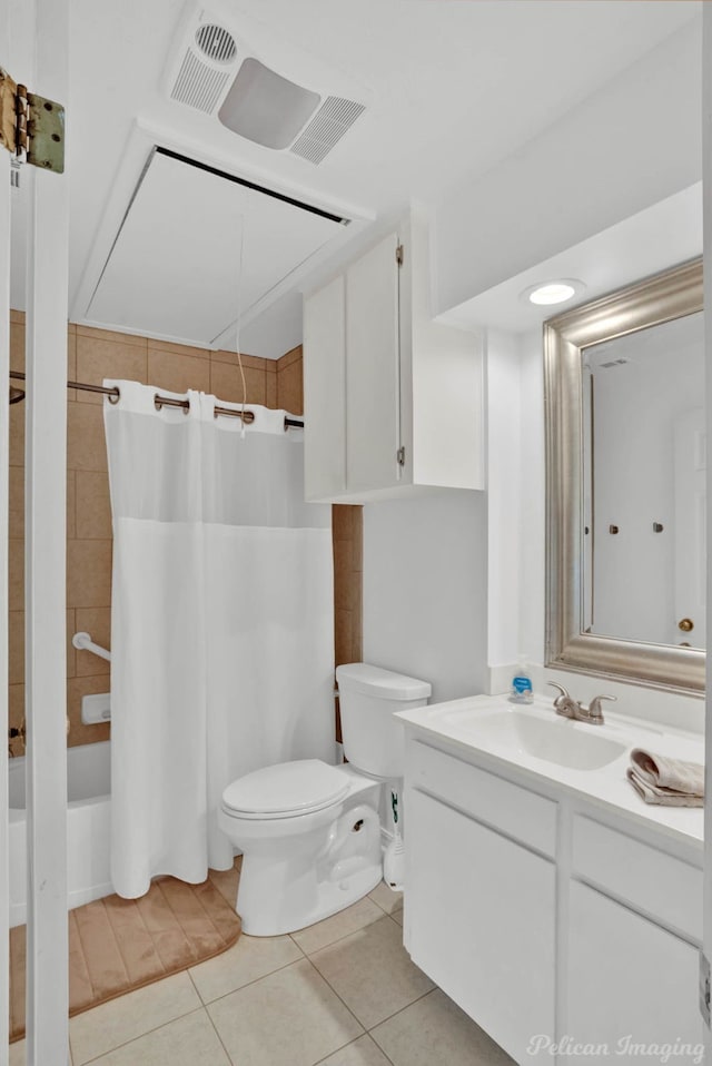 bathroom featuring vanity, visible vents, shower / bath combo, tile patterned floors, and toilet