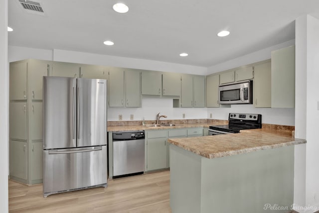 kitchen with visible vents, a peninsula, light wood-style flooring, a sink, and appliances with stainless steel finishes