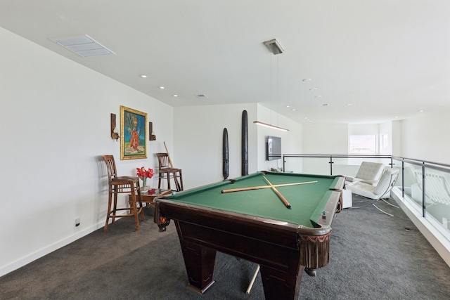 playroom featuring visible vents, recessed lighting, pool table, dark colored carpet, and baseboards