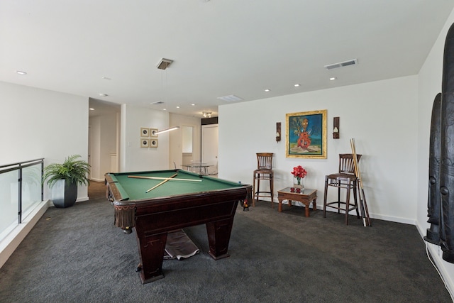 rec room featuring recessed lighting, visible vents, carpet floors, and billiards