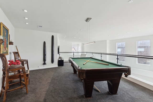 playroom featuring pool table, recessed lighting, baseboards, and dark carpet