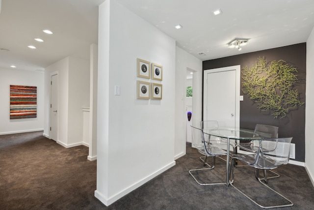 carpeted dining area with recessed lighting and baseboards