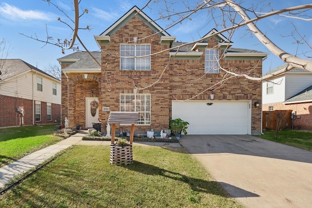 traditional-style house featuring brick siding, fence, concrete driveway, roof with shingles, and a front yard