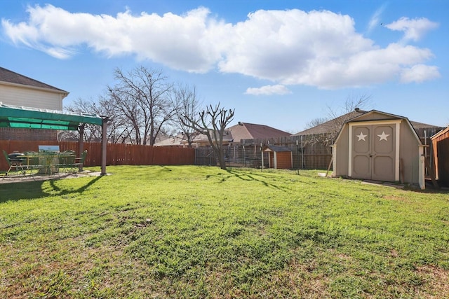 view of yard with an outbuilding, a storage shed, and a fenced backyard