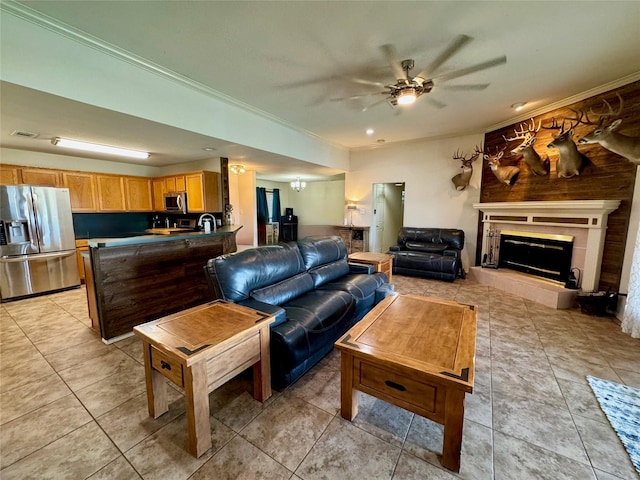 469 Streetman Rd, Royse City, TX 75189 - living room featuring a fireplace, visible vents, and ornamental molding