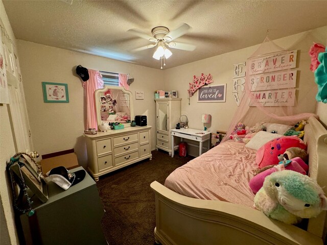 469 Streetman Rd, Royse City, TX 75189 - bedroom with a textured ceiling, ceiling fan, and dark colored carpet