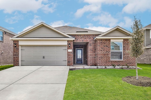 single story home featuring concrete driveway, an attached garage, brick siding, and a front lawn