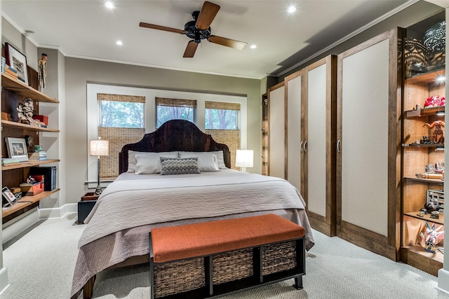 bedroom featuring baseboards, ceiling fan, carpet, ornamental molding, and recessed lighting