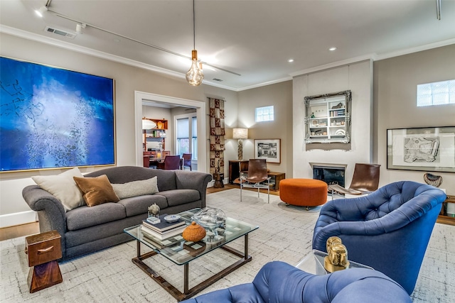 living room featuring a glass covered fireplace, recessed lighting, track lighting, and crown molding