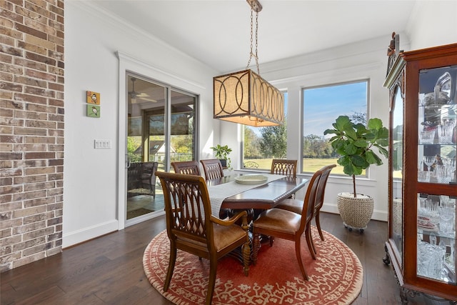 dining room with dark wood-type flooring, crown molding, baseboards, and a wealth of natural light