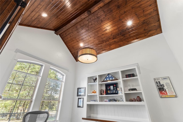 interior details with beam ceiling, recessed lighting, and wood ceiling