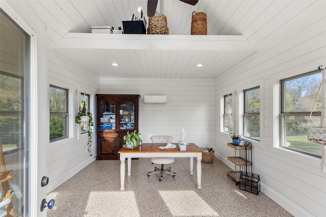 office space featuring speckled floor, baseboards, a wall mounted AC, recessed lighting, and wood ceiling