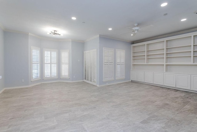 empty room with recessed lighting, baseboards, ornamental molding, and a ceiling fan