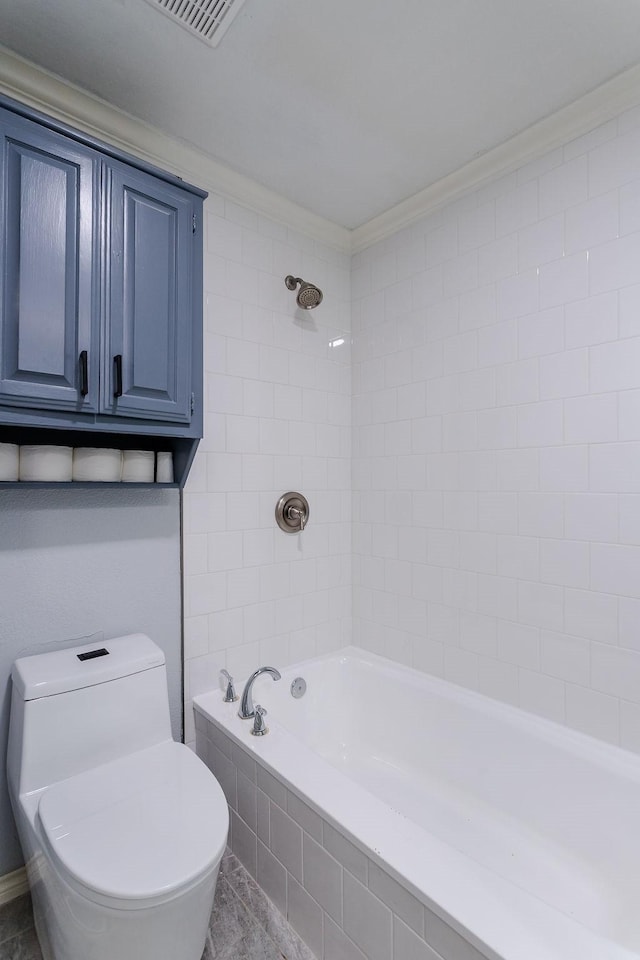 full bath with visible vents, shower / bathtub combination, toilet, and crown molding