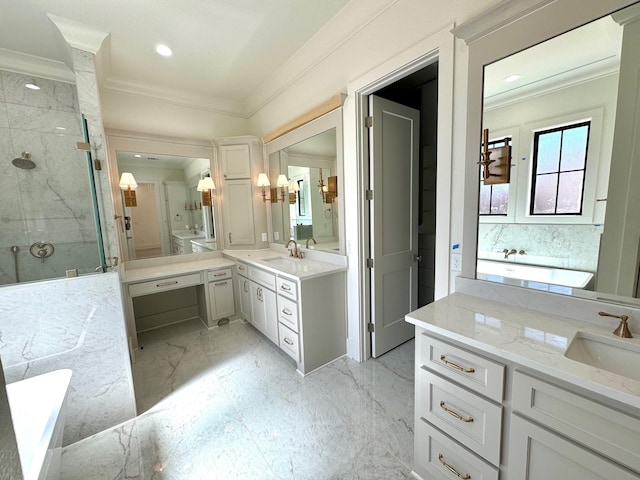 full bathroom with two vanities, marble finish floor, a sink, a marble finish shower, and crown molding