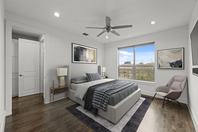 3012 Zenia Dr, Dallas, TX 75204 - bedroom featuring dark wood finished floors, recessed lighting, and ceiling fan