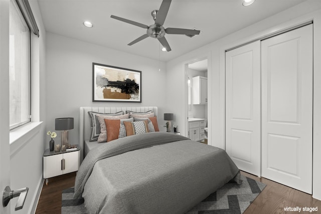 3012 Zenia Dr, Dallas, TX 75204 - bedroom with recessed lighting, connected bathroom, wood finished floors, multiple windows, and a closet
