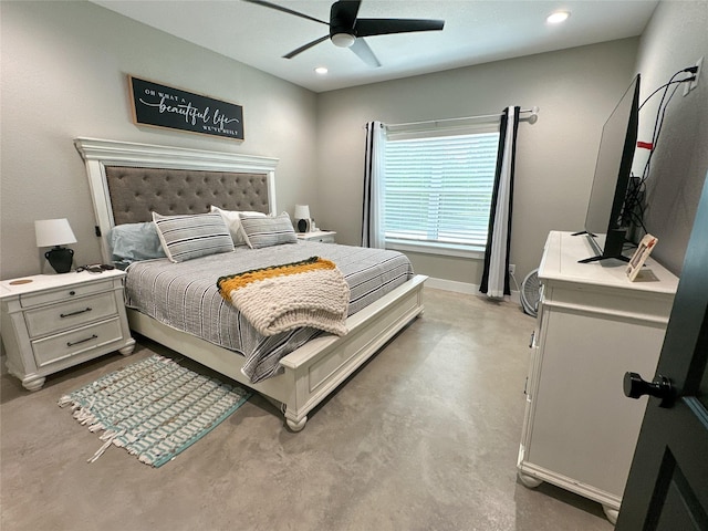 bedroom featuring recessed lighting, baseboards, finished concrete flooring, and a ceiling fan