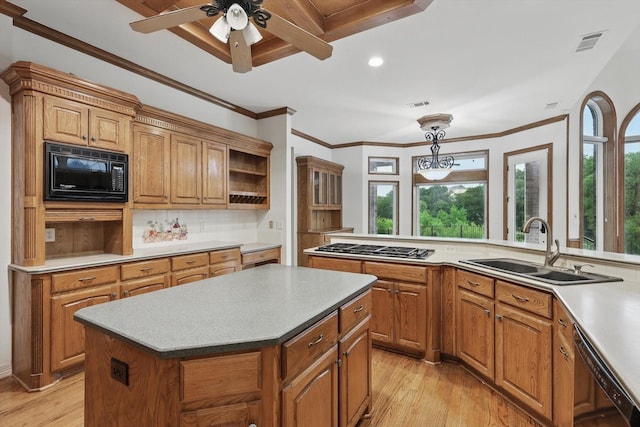 kitchen with open shelves, a healthy amount of sunlight, light wood-style floors, a sink, and black appliances