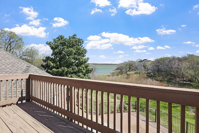 deck featuring a water view