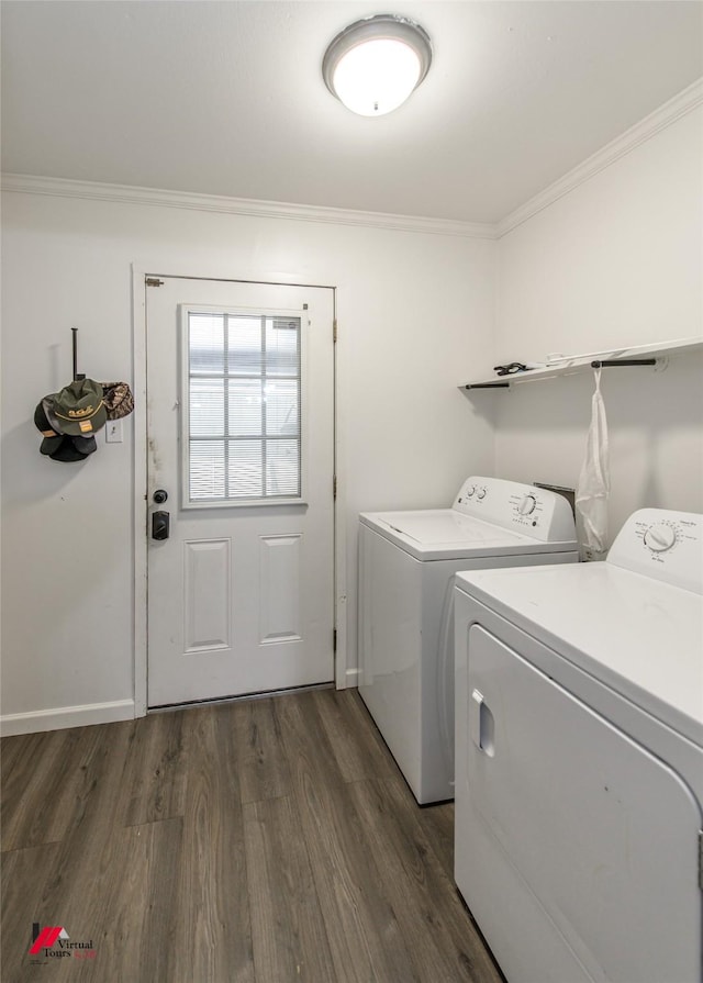 504 Mockingbird Ln, Logansport, LA 71049 - laundry area with washer and dryer, dark wood-style floors, ornamental molding, and laundry area