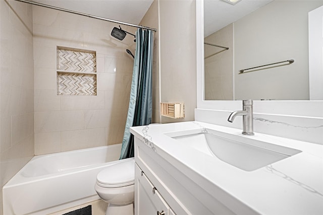 full bathroom with shower / bathtub combination with curtain, toilet, and vanity