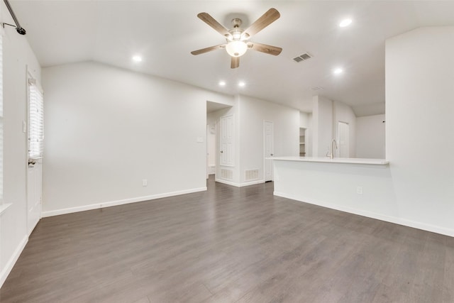 unfurnished living room featuring dark wood-style floors, visible vents, recessed lighting, and a ceiling fan