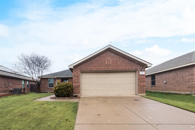 ranch-style house featuring driveway, central AC, an attached garage, a front yard, and brick siding