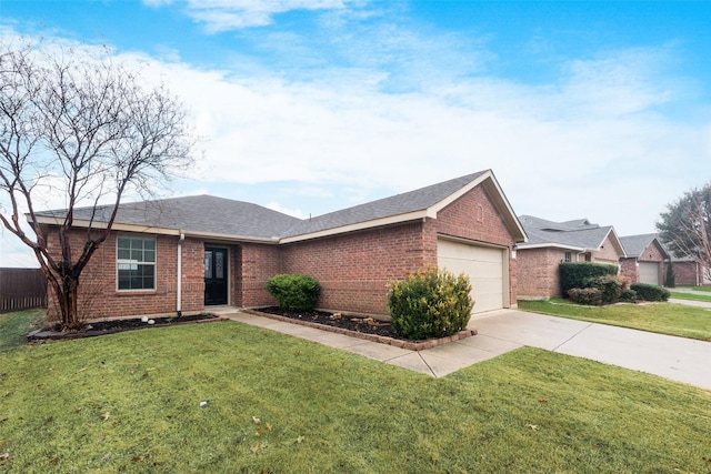 single story home featuring brick siding, a shingled roof, a front yard, driveway, and an attached garage