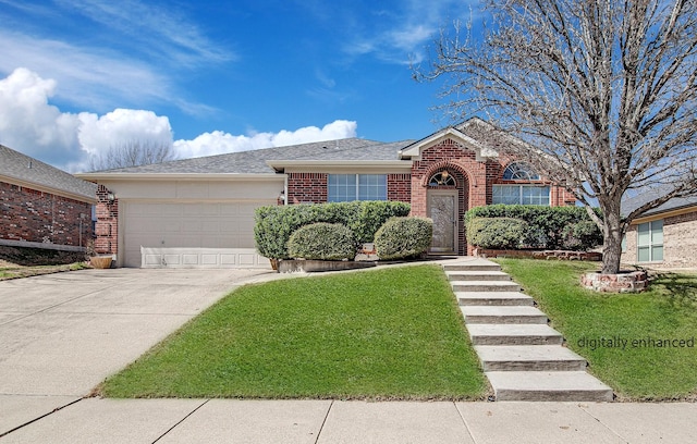 ranch-style house featuring concrete driveway, an attached garage, brick siding, and a front lawn