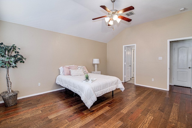 bedroom featuring visible vents, ceiling fan, baseboards, lofted ceiling, and wood-type flooring