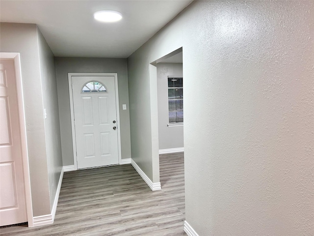 entryway with baseboards and wood finished floors