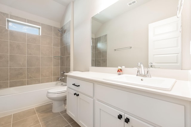 full bath with visible vents, toilet, shower / tub combination, tile patterned floors, and vanity