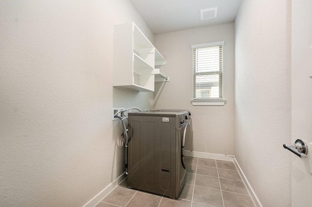 washroom with visible vents, light tile patterned flooring, baseboards, hookup for a washing machine, and laundry area