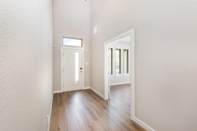 foyer with baseboards, a high ceiling, and light wood-style floors