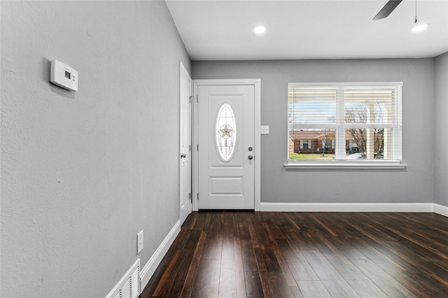 foyer with a wealth of natural light, dark wood finished floors, baseboards, and a ceiling fan