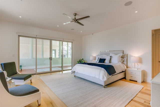 bedroom with recessed lighting, light wood-type flooring, a ceiling fan, and access to outside