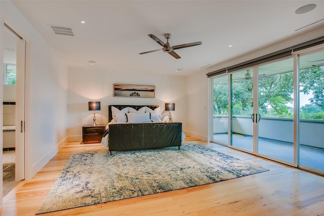 bedroom featuring baseboards, visible vents, light wood finished floors, ceiling fan, and access to outside