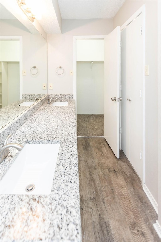 full bath featuring double vanity, wood finished floors, and a sink