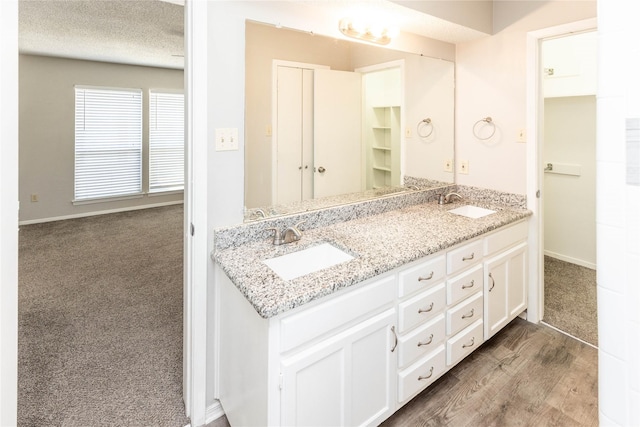 bathroom featuring a sink, a textured ceiling, wood finished floors, and double vanity