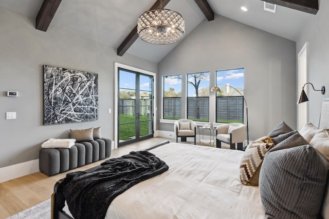 bedroom with visible vents, beam ceiling, wood finished floors, high vaulted ceiling, and access to outside