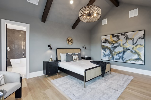 bedroom featuring visible vents, lofted ceiling with beams, and wood finished floors